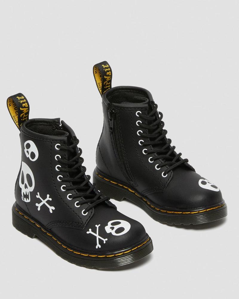 Black / White Kids' Dr Martens Toddler 1460 Skull & Bones Leather Lace Up Boots | CA 704AHK